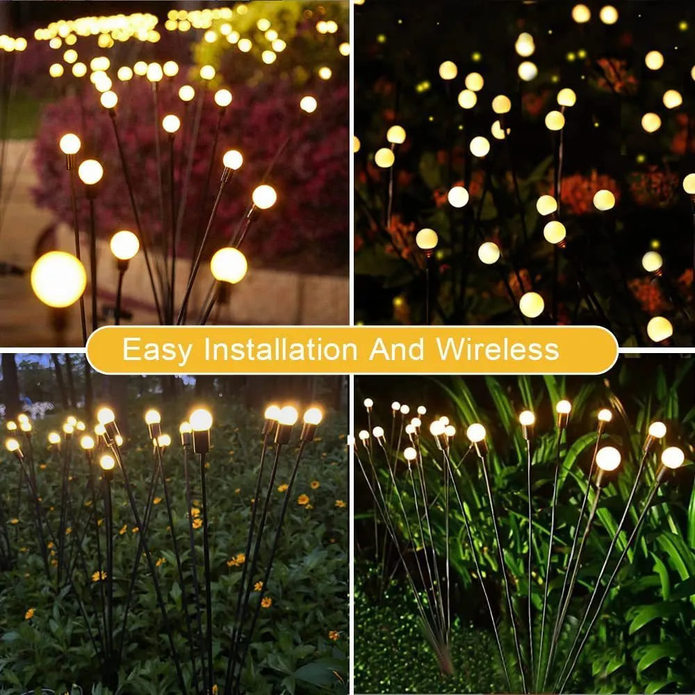 Solar-powered LED firefly ground lamp with multiple heads and ground spike for garden installation