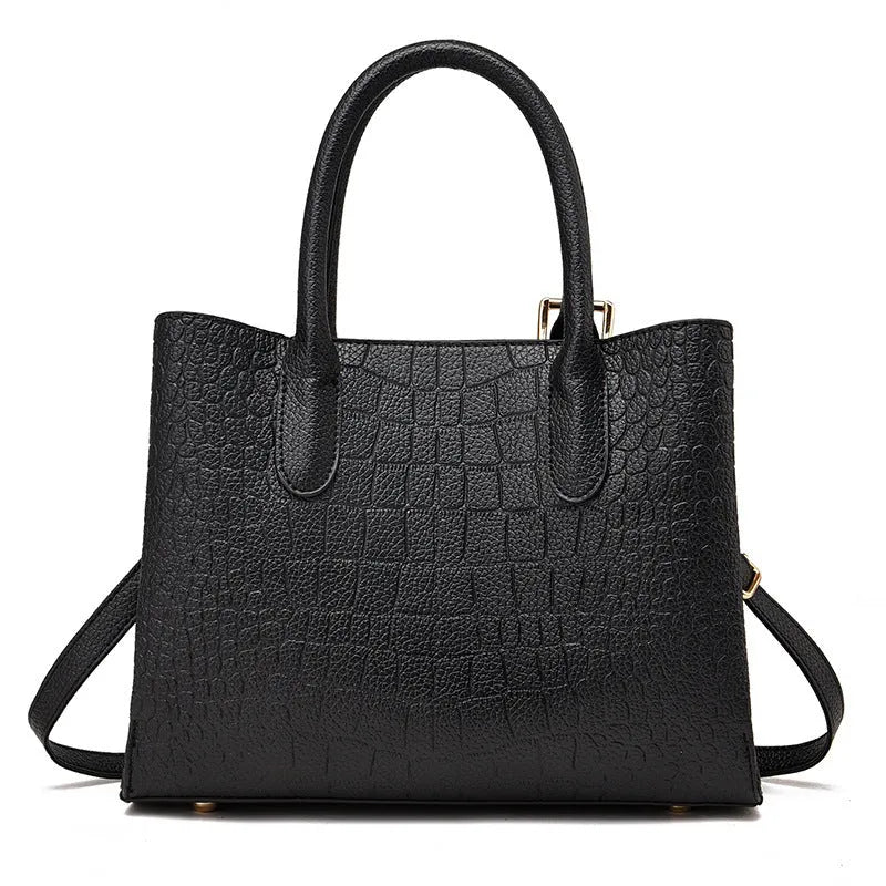 Urban simple shoulder messenger bag for women with crocodile pattern, square vertical shape, black PU leather, multiple compartments