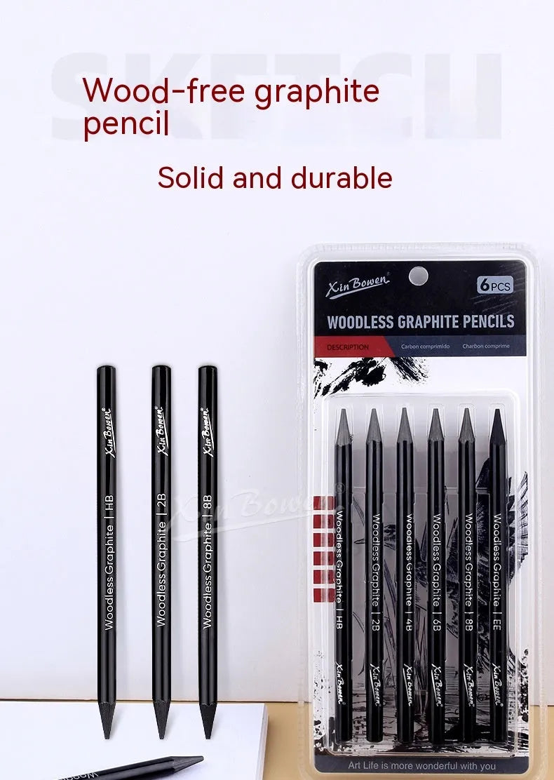 Set of six wood-free graphite sketching pencils with HB, 2B, 4B, 6B, 8B, and EE hardness grades