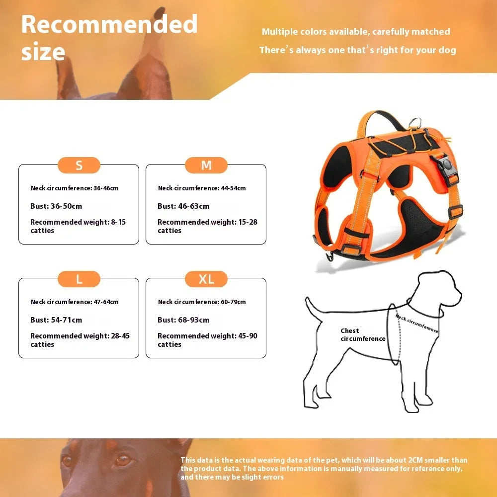 Reflective orange dog harness with explosion-proof breast strap and integrated hand holding rope