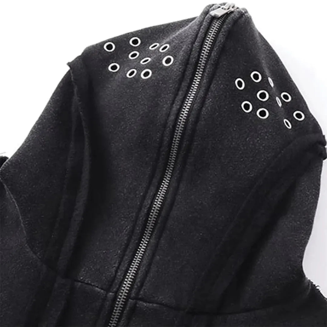 Black loose fit men's padded cardigan coat with zip front and hood