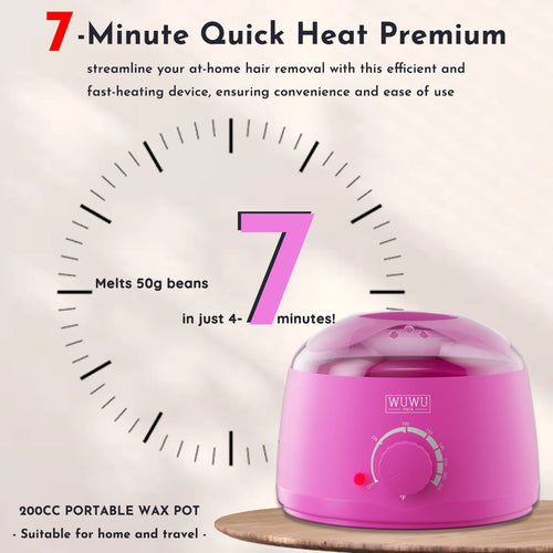 27-piece hair removal wax kit showing digital warmer, four coloured wax beads, wax sticks and guidebook