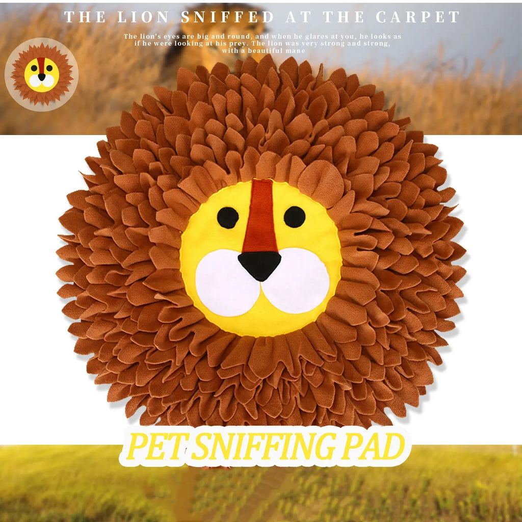 Brown lion-pattern snuffle mat for dogs and cats on a floor, showing plush hiding sections.