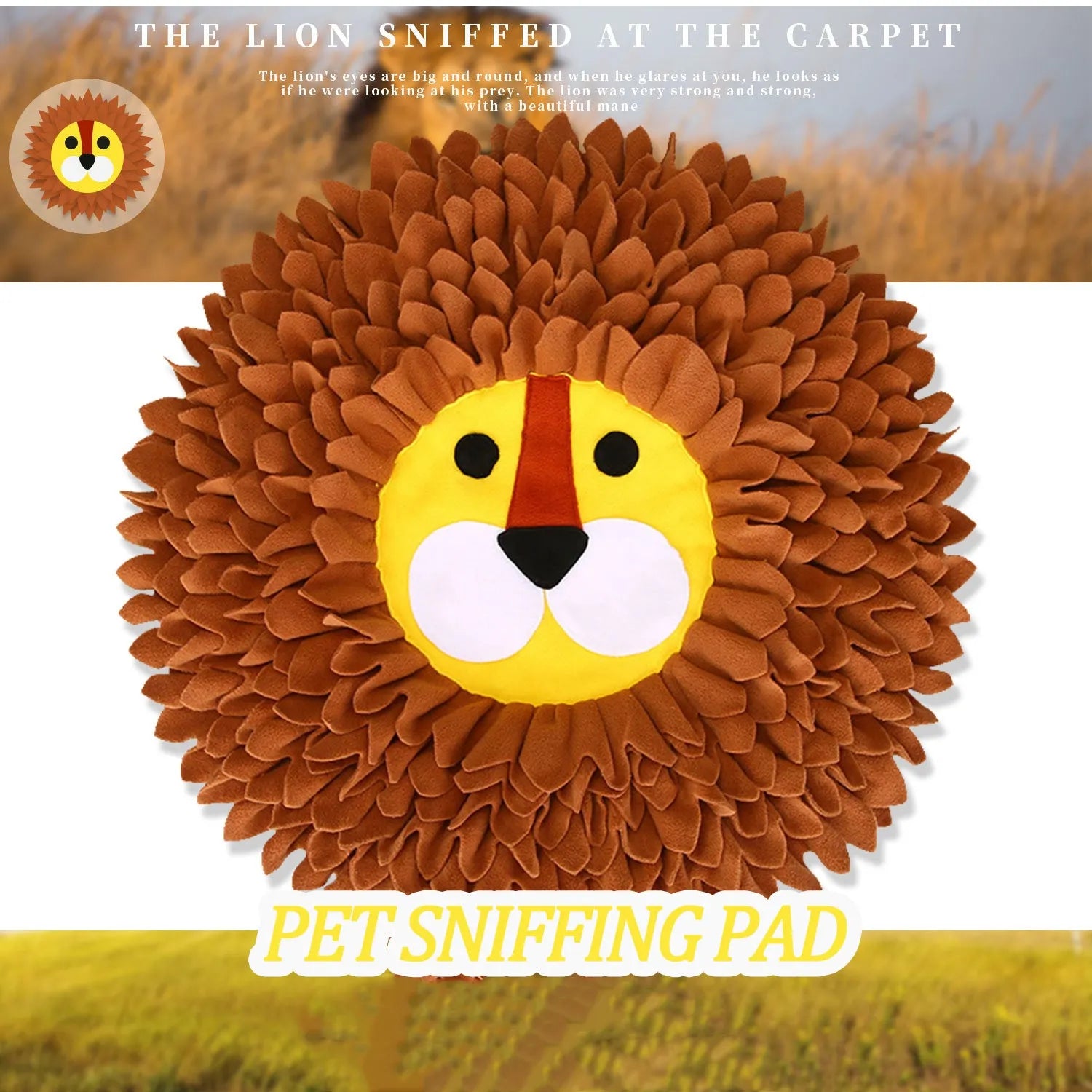 Brown lion-pattern snuffle mat for dogs and cats on a floor, showing plush hiding sections.