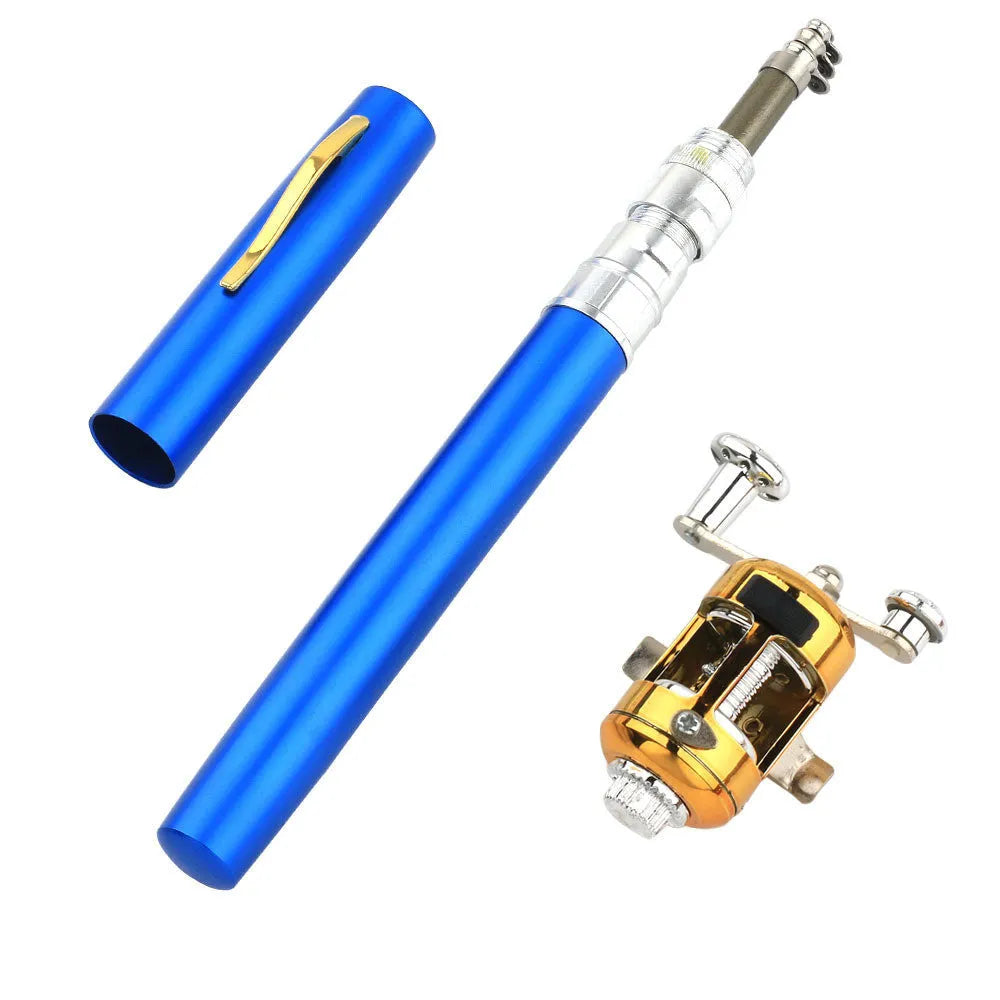 Portable telescopic pen fishing rod kit extended to 1m and collapsed next to its aluminium case.