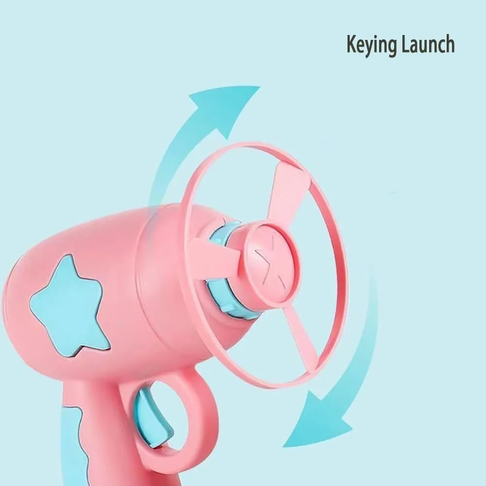 Blue plastic cat toy gun with spinning Frisbee for indoor feline play