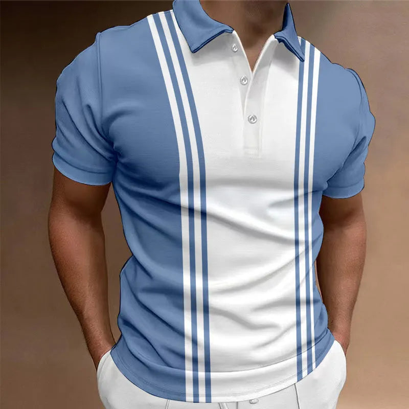 Casual 3 button lapel men's T-shirt in blue, loose fit short sleeve polyester top