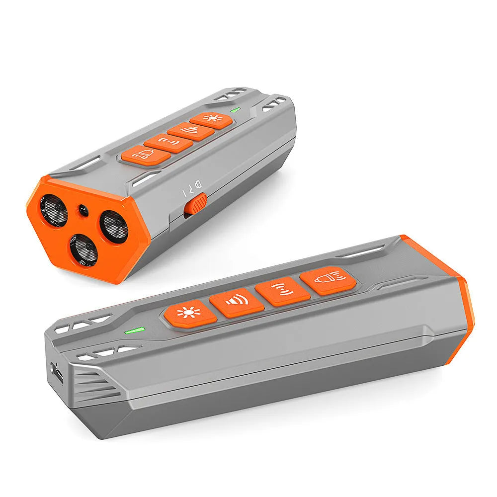 Three-head ultrasonic dog trainer in grey-orange colour with adjustable directional heads for pet behaviour management
