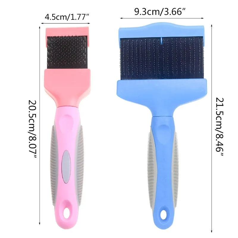 Blue double-sided pet brush with stainless steel pins on a white background, showing both gentle and firm bristle sides.