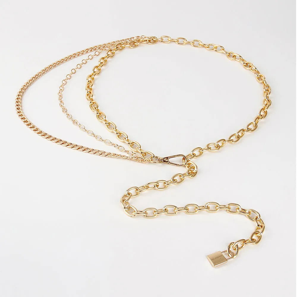 Multilayer alloy waist chain in golden and silver colours with electroplated finish, 70-100 cm adjustable
