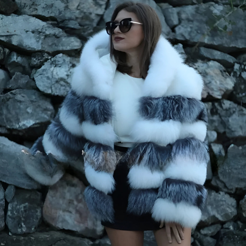 Women's artificial fur hooded coat in street fashion style with 65cm length