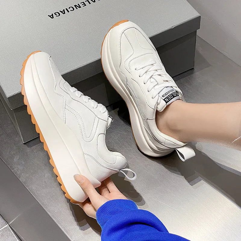 Women's white cowhide leather casual sports shoes with lace-up front and cross strap detail