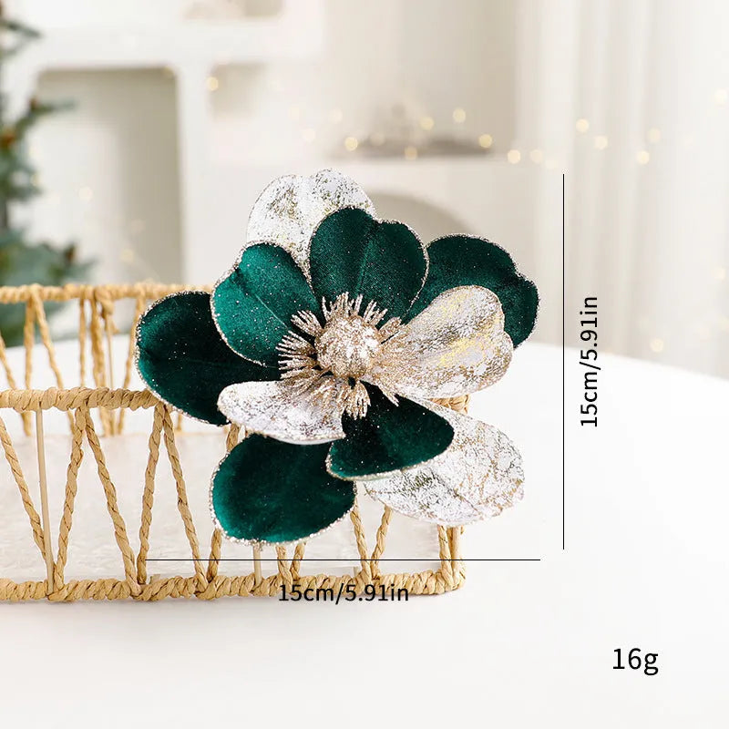 Set of three 15cm flannel Christmas flower ornaments in Champagne Gold, Dark Green, and Wine Red for tree decoration