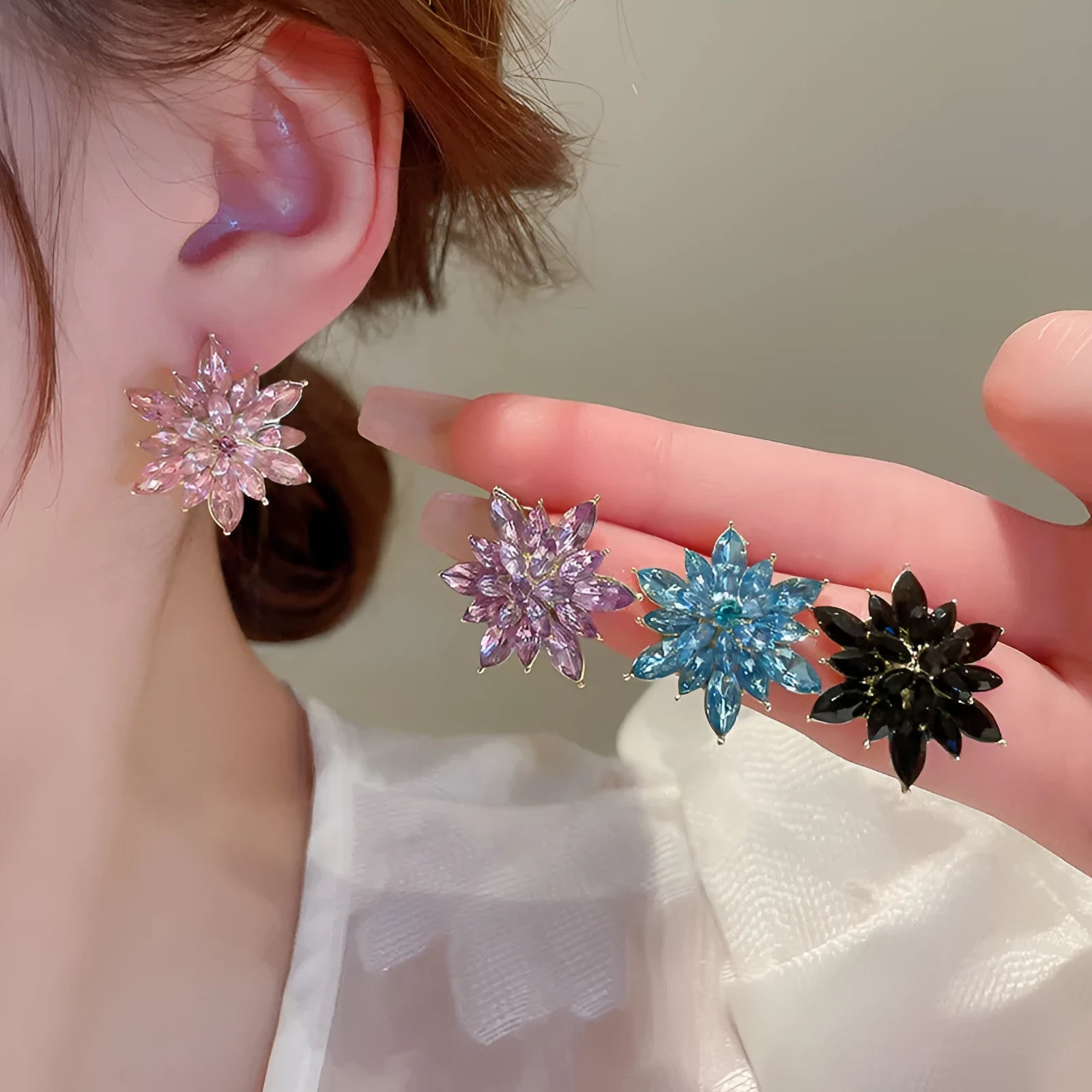 Super shiny crystal zircon multi-layer three-dimensional flower earrings in white alloy with leaf and petal details