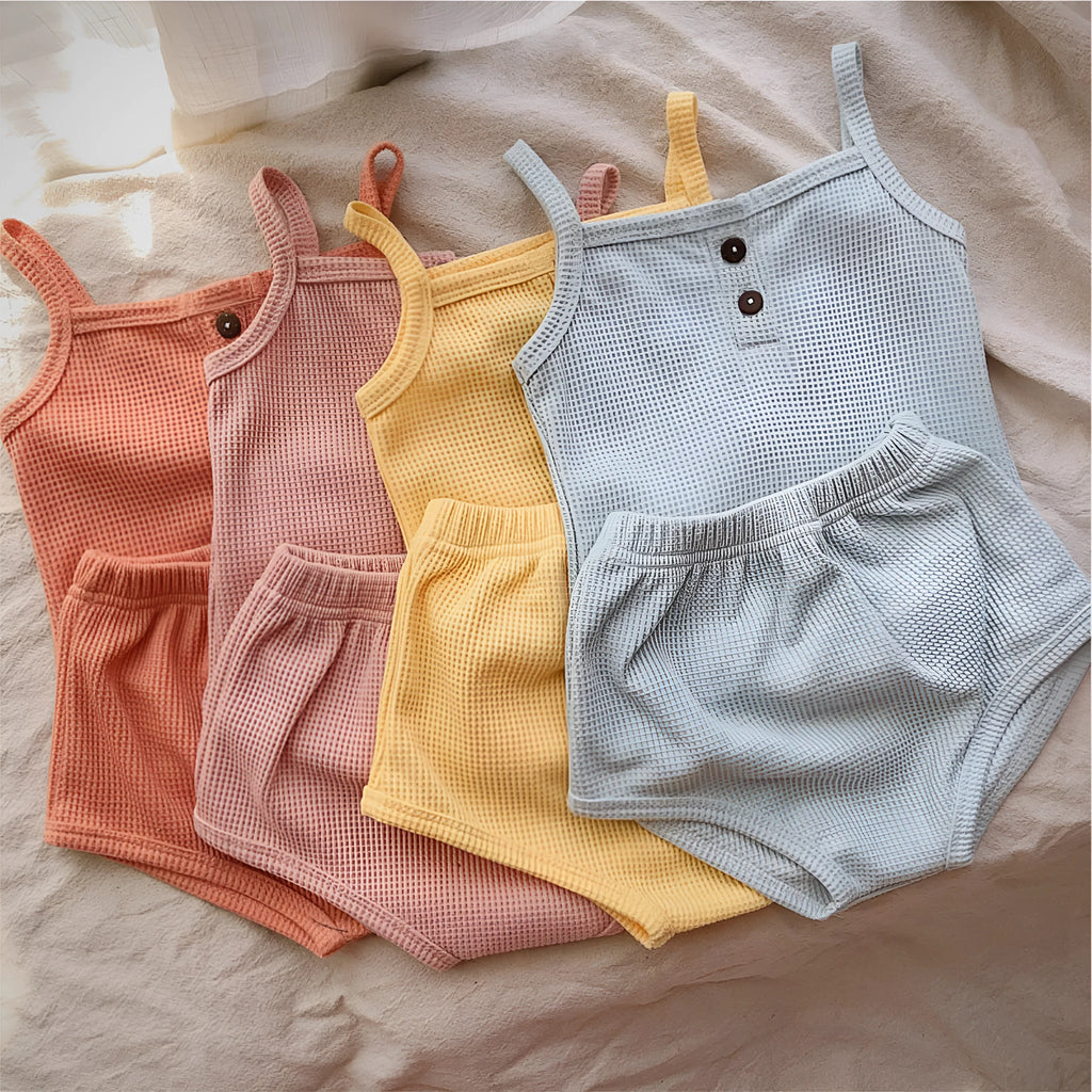 Summer baby camisole set with short sleeves and matching shorts in light yellow cotton fabric