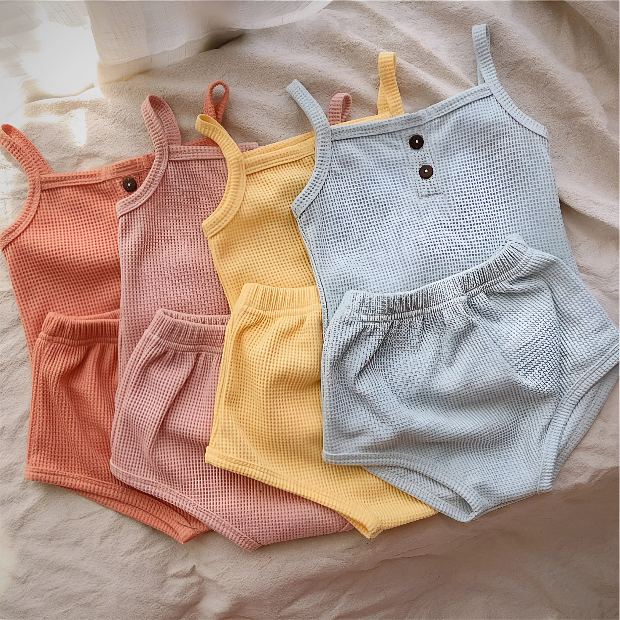 Summer baby camisole set with short sleeves and matching shorts in light yellow cotton fabric