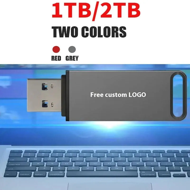 Black metal USB flash drive with custom graphic design showing capacity options