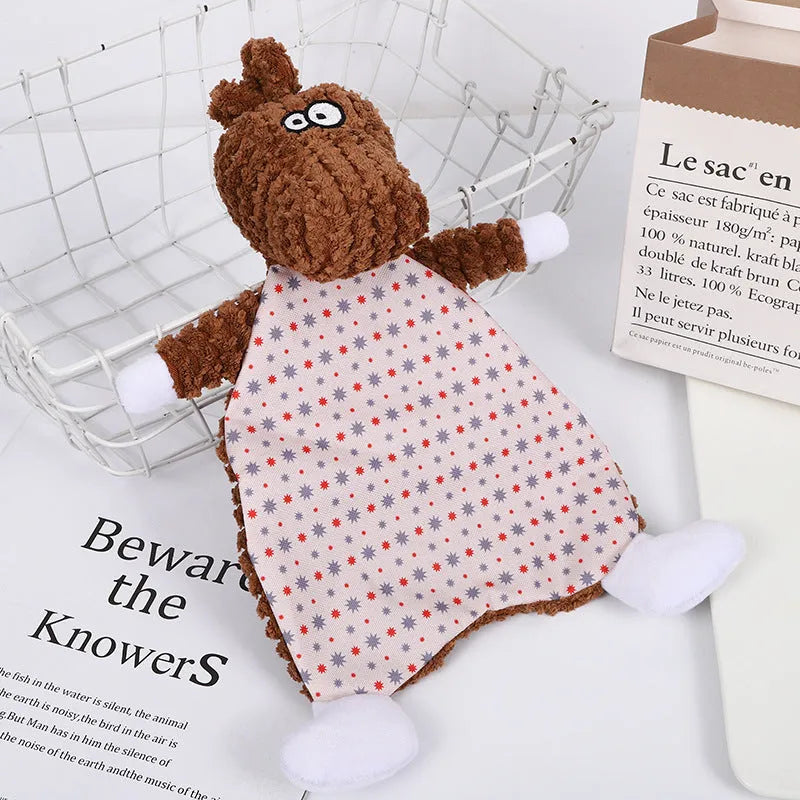 Brown velvet pet stuffed toy with fox elephant design featuring sound paper crinkle elements