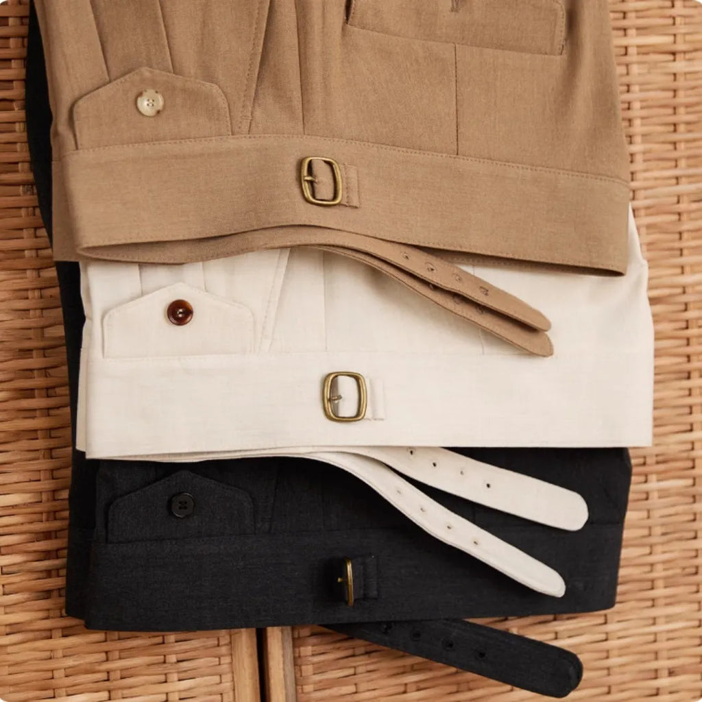 Slim-fit straight leg men's business trousers in dark grey, light brown, and light apricot colours.