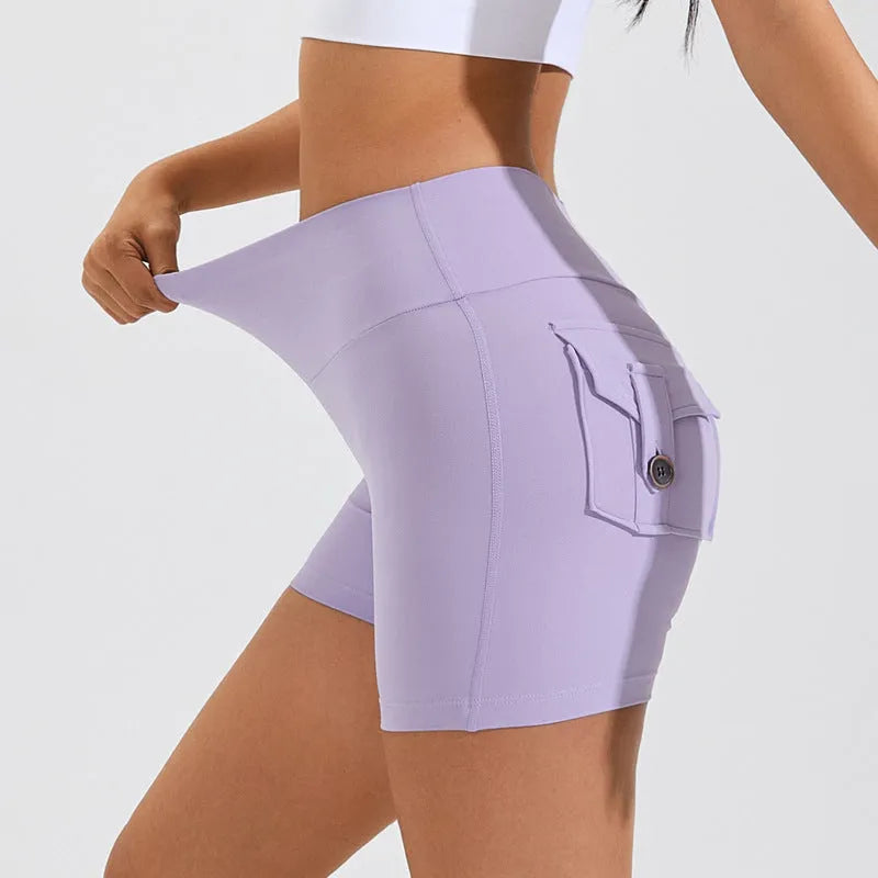 Women's high waist hip lifting sports shorts with pockets in avocado green colour
