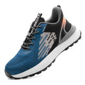Blue men's low-top safety work shoes with mesh upper, lace closure, and plastic safety toe cap.