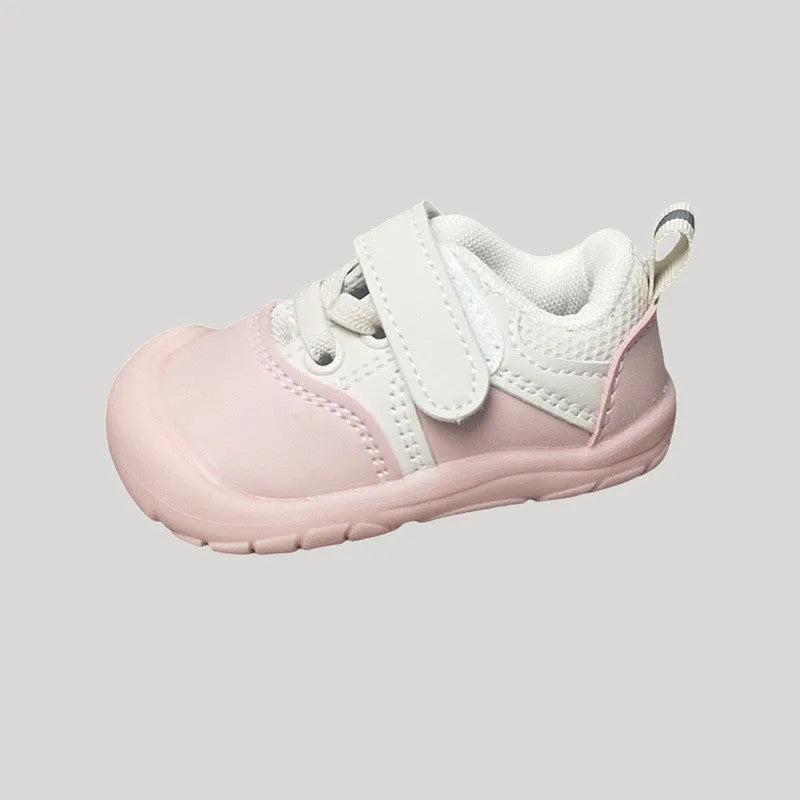 Blue toddler walking shoes with soft anti-skid sole and artificial PU upper