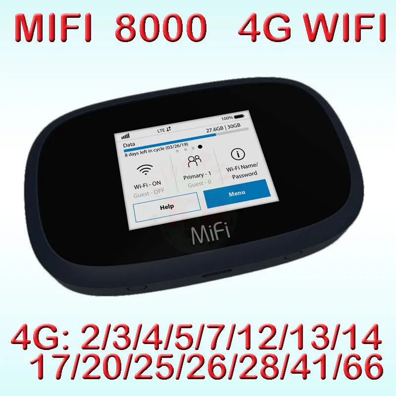 Black Mifi8000 4G portable wireless router with compact design for mobile internet access