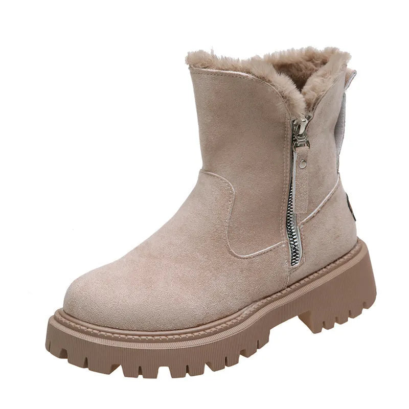 Women's black high-top snow boots with side zipper, plush lining, and non-slip rubber sole
