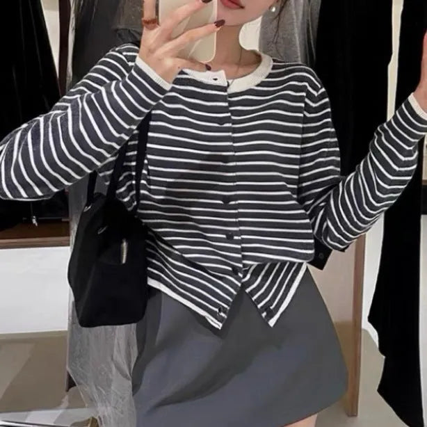 Women's dark grey and white striped French style cardigan coat with slim fit and short length