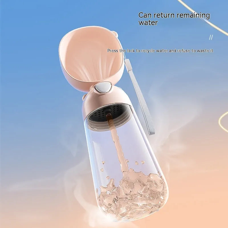 Portable dog water bottle with integrated food container for outdoor travel with pets