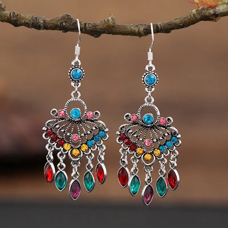 Retro court crystal long fringe earrings in Smart Water Drop Purple colour showing drop shape and ethnic style design