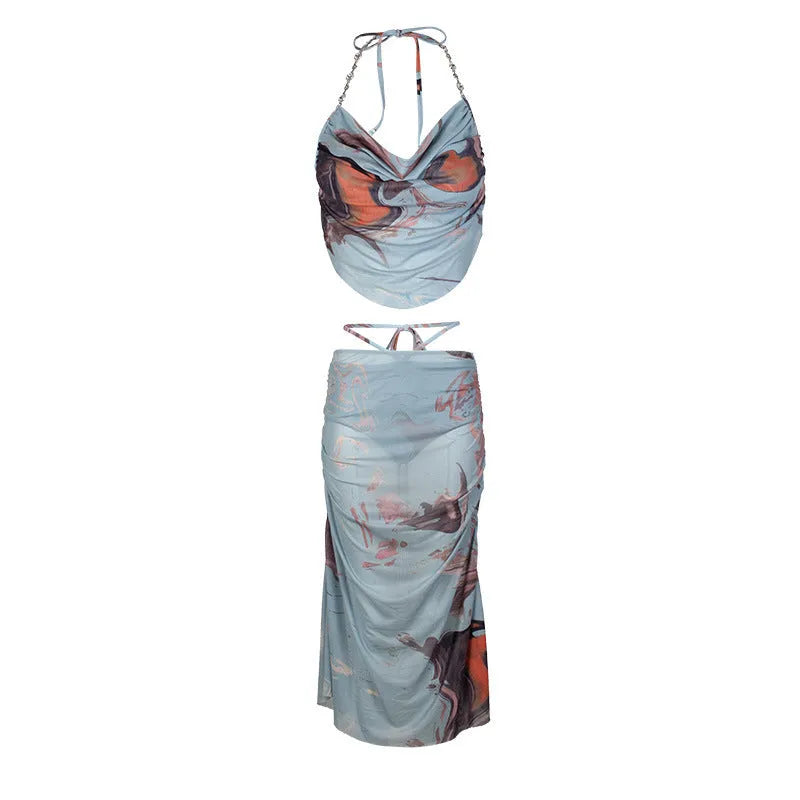 Blue three-piece diamond chain split bikini with backless design for hot spring wear