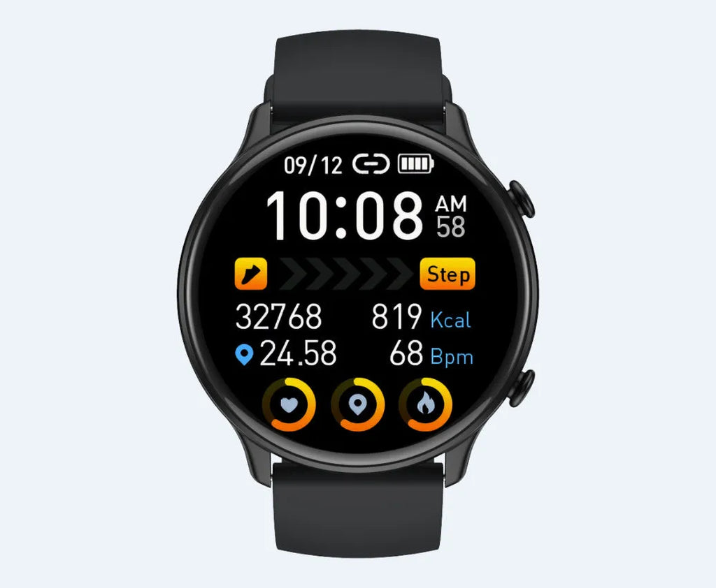 Round smart sports watch with touch screen, heart rate monitor, and silicone strap in black, blue, or pink