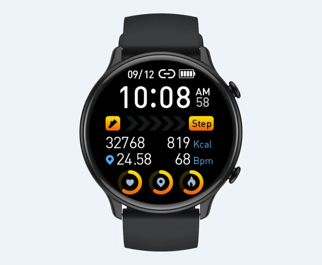 Round smart sports watch with touch screen, heart rate monitor, and silicone strap in black, blue, or pink