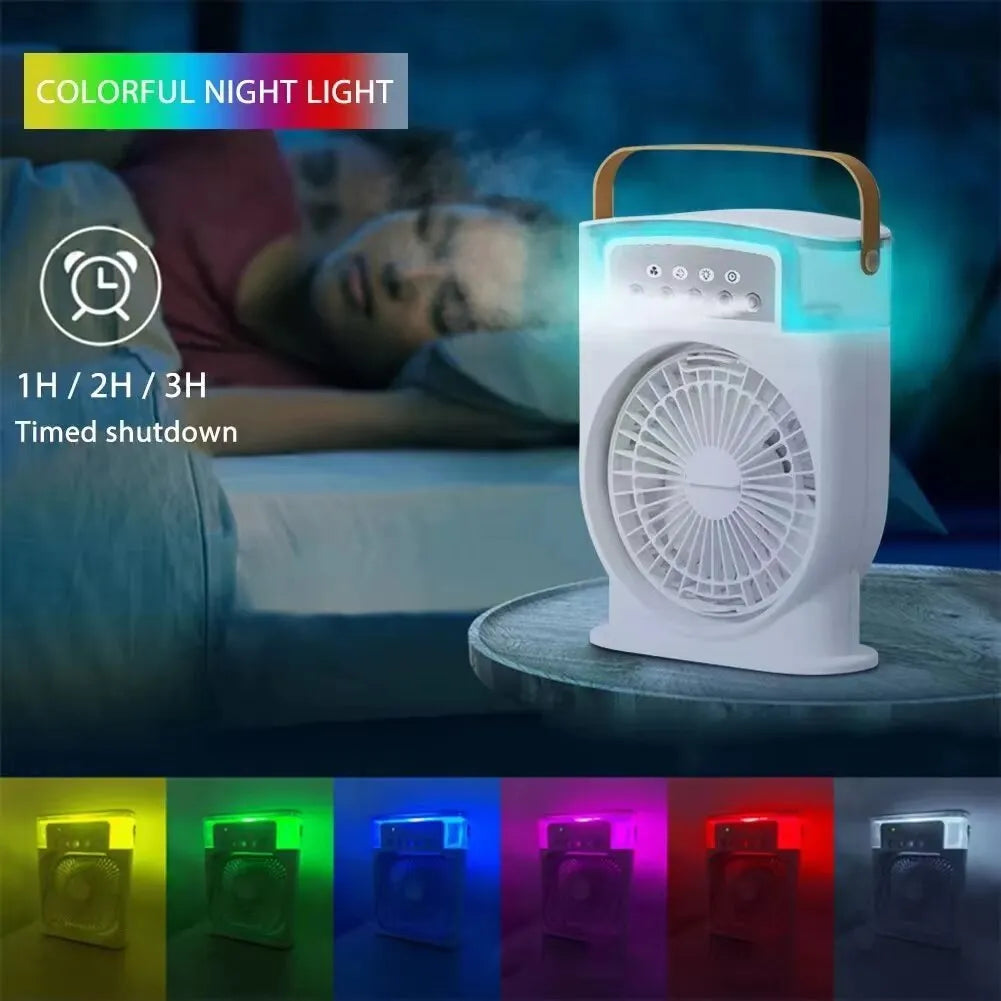 Portable USB air conditioner cooling fan with 5 spray mist outlet, 600ml water tank, 7 colour LED lights, and leather handle in white
