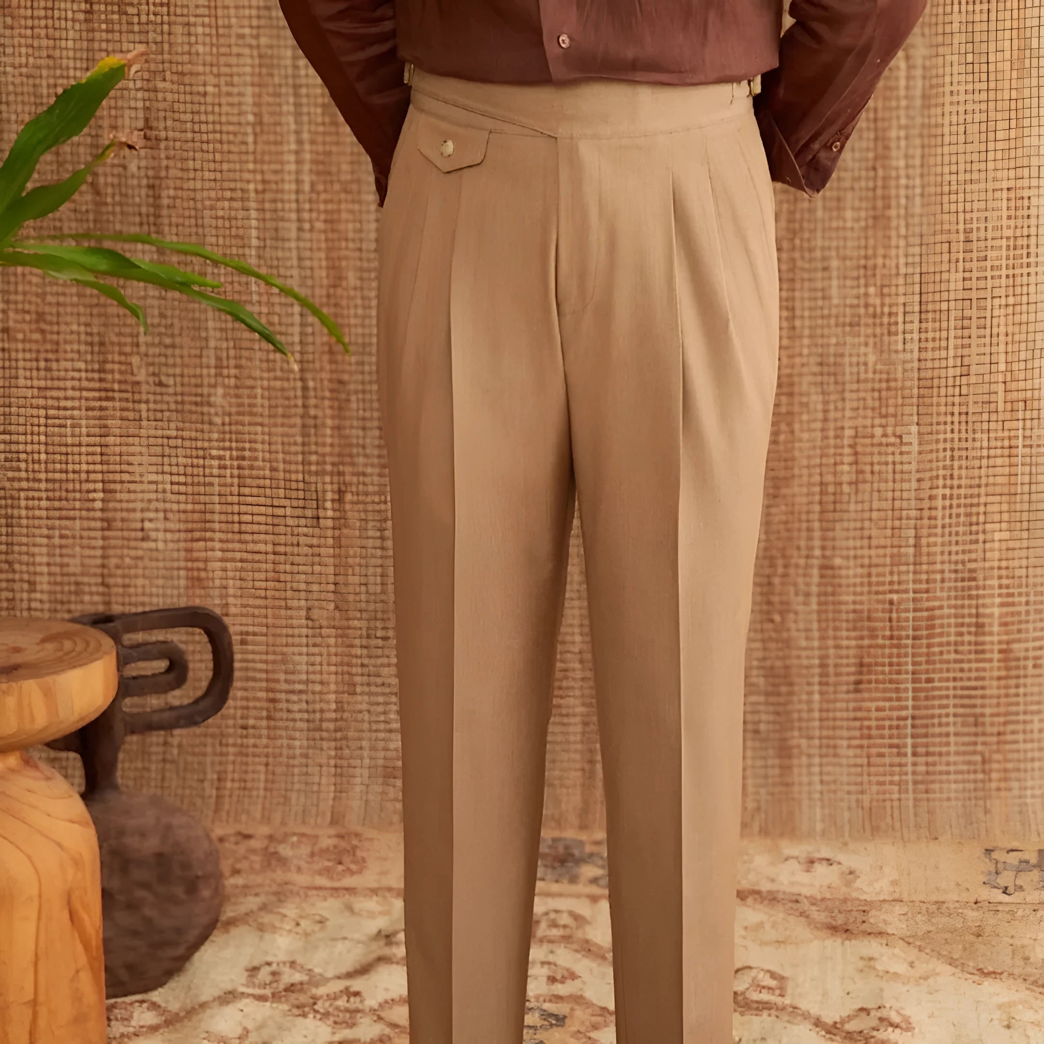Slim-fit straight leg men's business trousers in dark grey, light brown, and light apricot colours.