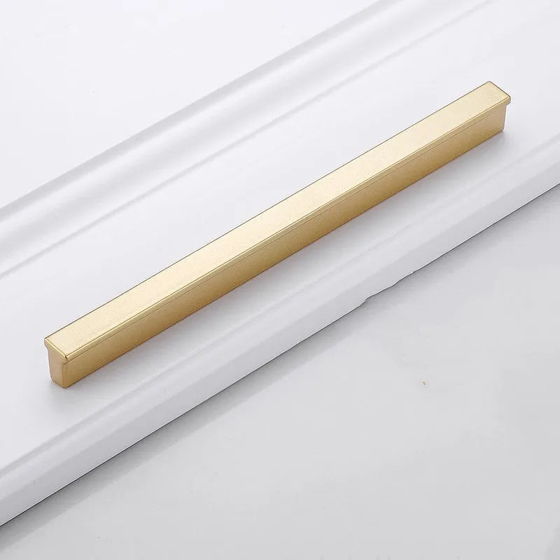 Gold aluminium T-shaped cabinet handle showing three hole distance options: 96mm, 128mm and 192mm