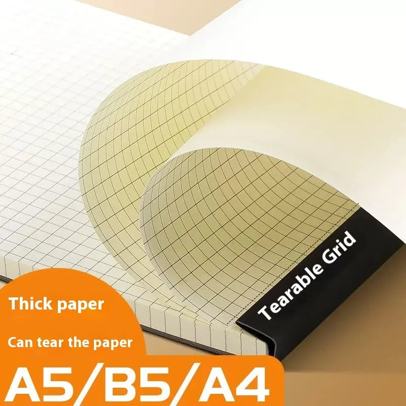 Set of three tearable writing pads in A5, B5 and A4 sizes showing blank, grid and lined ruling options.