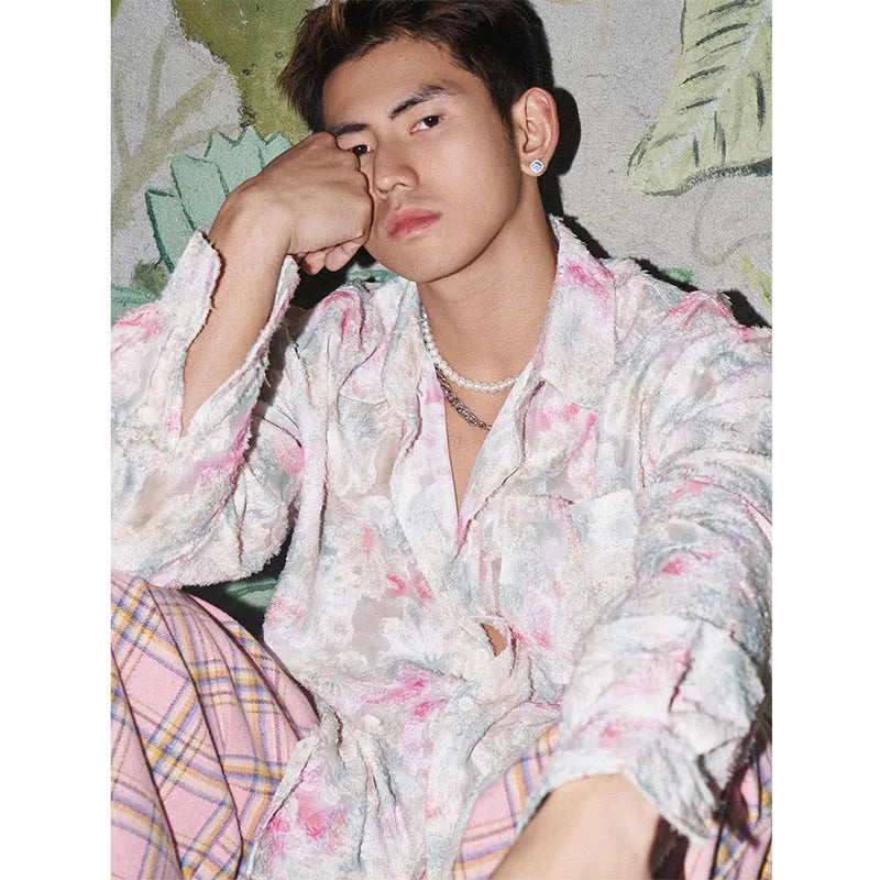 Women's floral pattern long sleeve shirt in chemical fibre blend fabric with embossed texture details