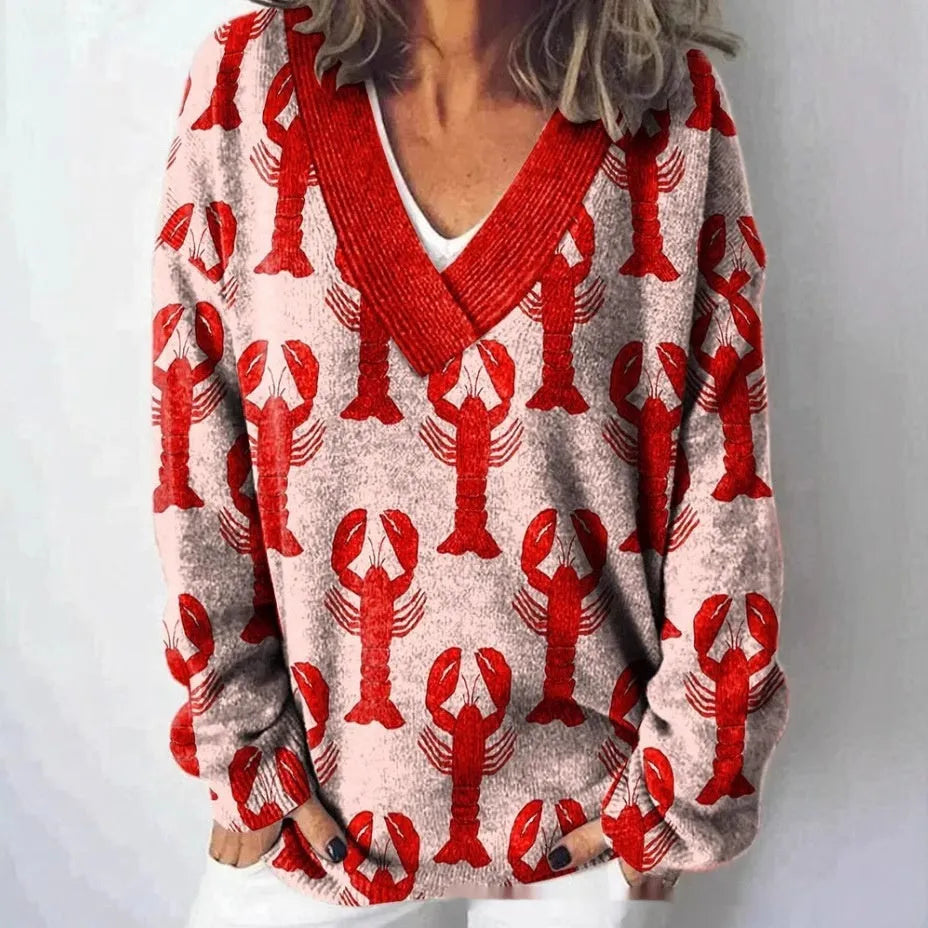 Women's V-neck long sleeve sweatshirt with a detailed 3D floral print pattern.