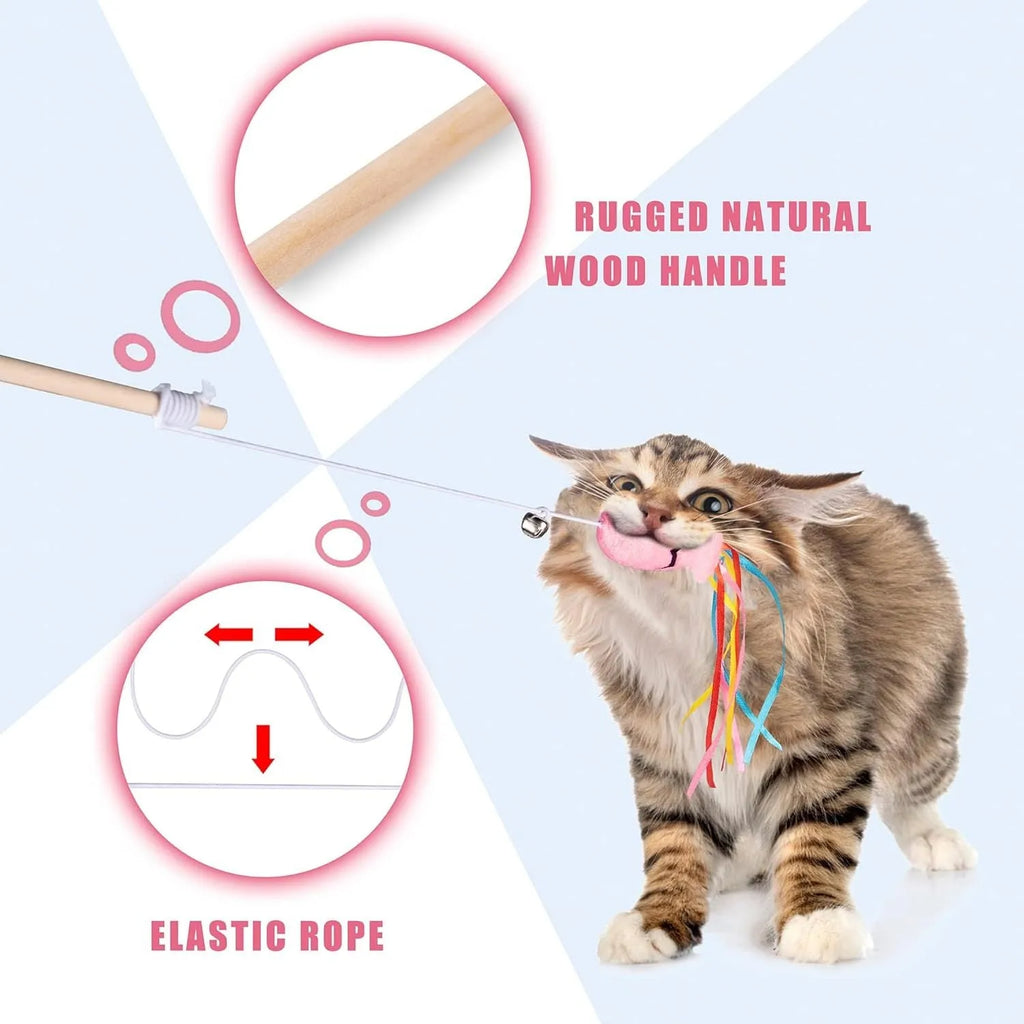 Cat wand toy with wooden handle and colourful ribbon, catnip fish, and bell attachments