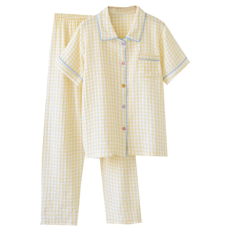 Loose washed cotton double-layer gauze short-sleeved trousers set in Flower Sea or Yellow Plaid pattern for summer casual wear