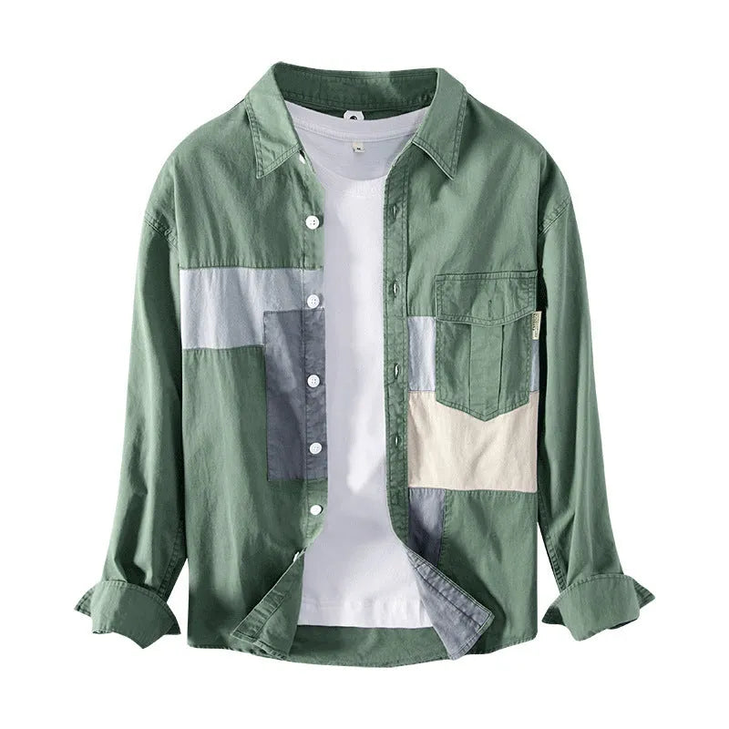 Men's cotton casual shirt jacket in khaki, loose fit cardigan style with long sleeves