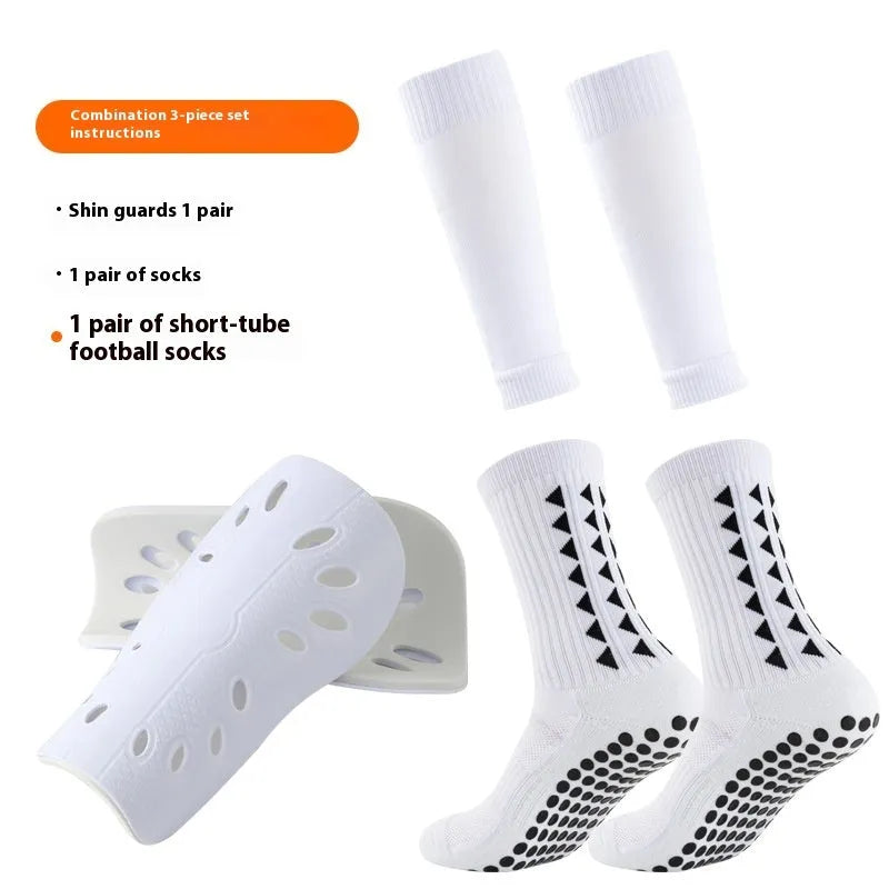 Thick below-the-knee long soccer shin guard set with non-slip socks and glue dispensing in multiple colours