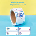 Roll of colourful cartoon name tape stickers with dinosaur, astronaut, rabbit, and girl designs.
