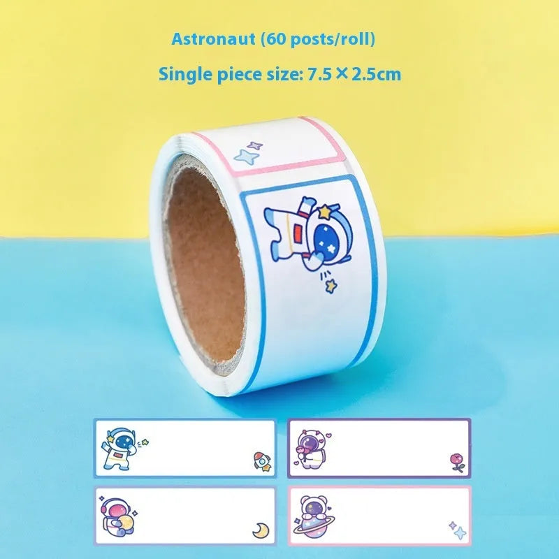 Roll of colourful cartoon name tape stickers with dinosaur, astronaut, rabbit, and girl designs.