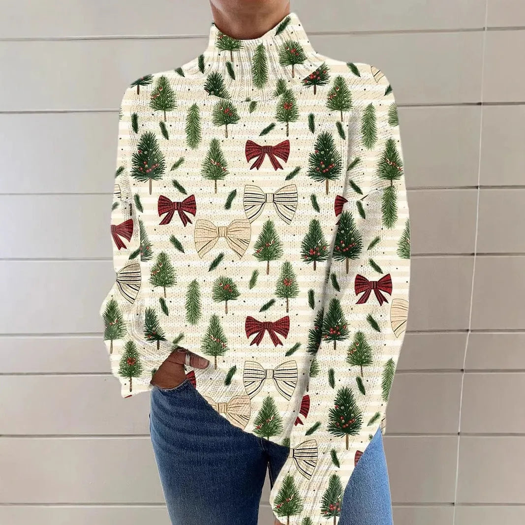 Women's loose fit Christmas printed turtleneck sweater in a macaron colour.
