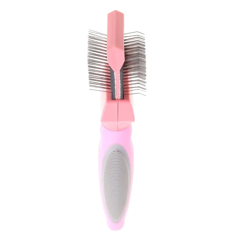 Blue double-sided pet brush with stainless steel pins on a white background, showing both gentle and firm bristle sides.