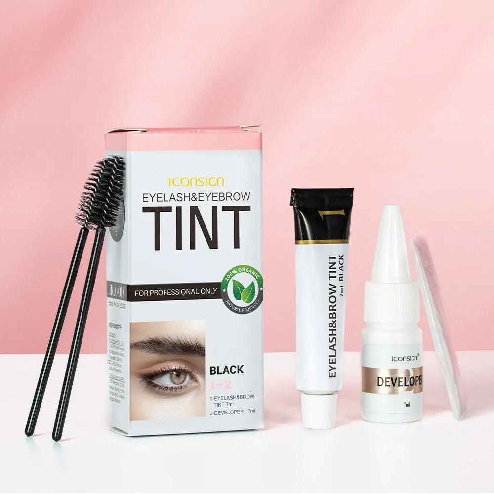 ICONSIGN eyelash and eyebrow dye tint kit with black coffee brown colour options and tools on white background