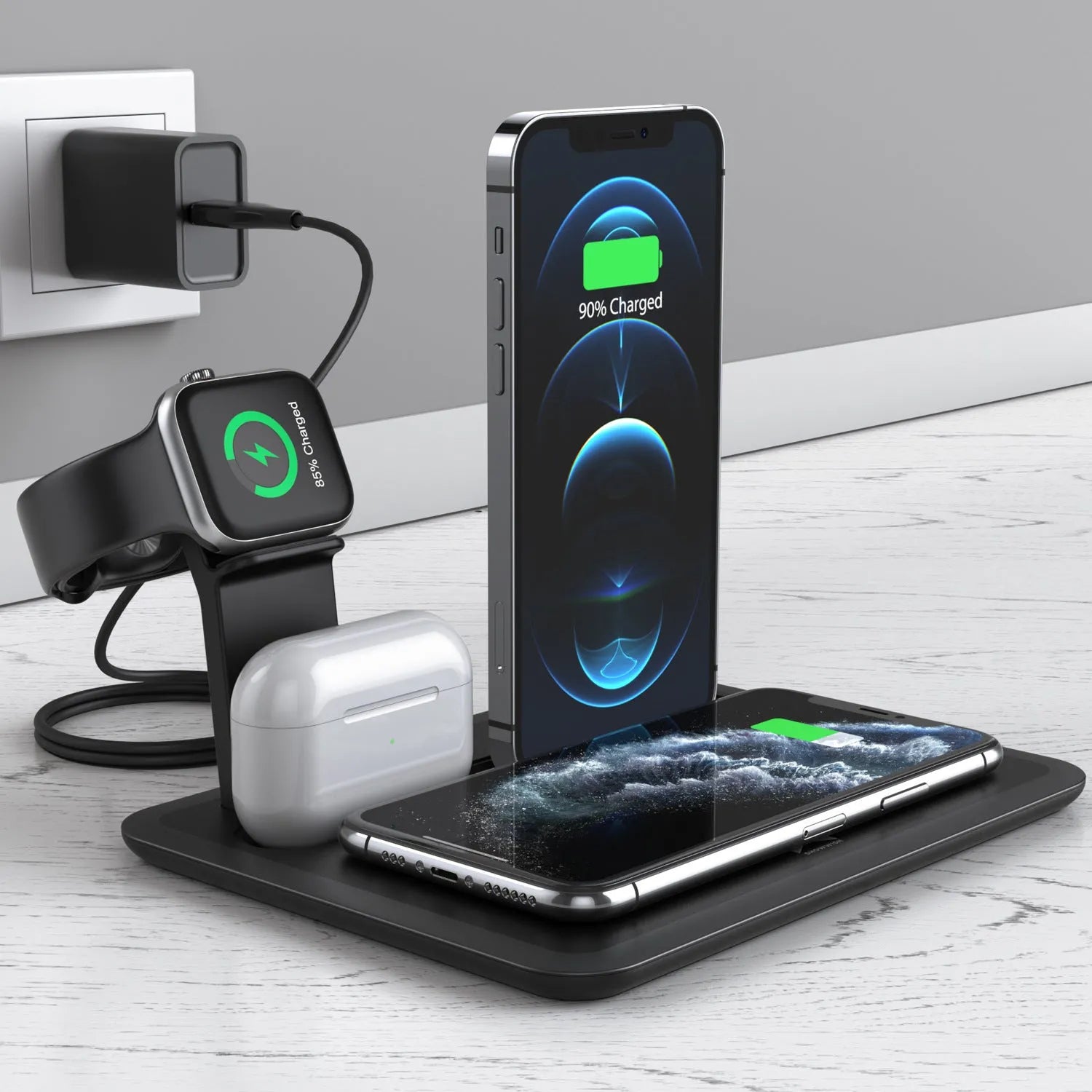 Black wireless desktop charging station with phone charging pad, watch USB port, and headphone charging port